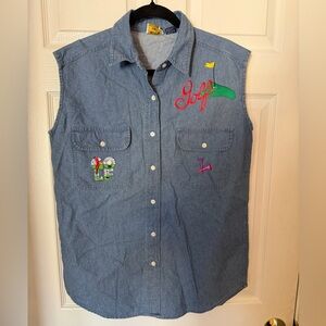 Vintage Unisex Denim Vest or Short Sleeve Shirt with Golf Embroidery